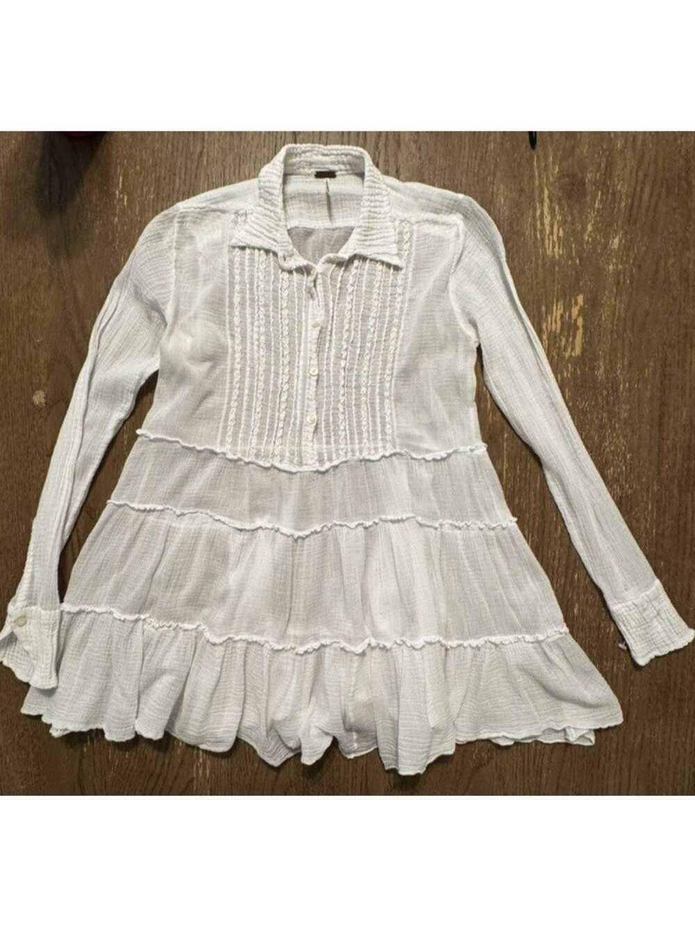 Free People Tiered Peasant Tuxedo Button Down Blouse White Gauze Tunic Babydoll - Picture 3 of 11